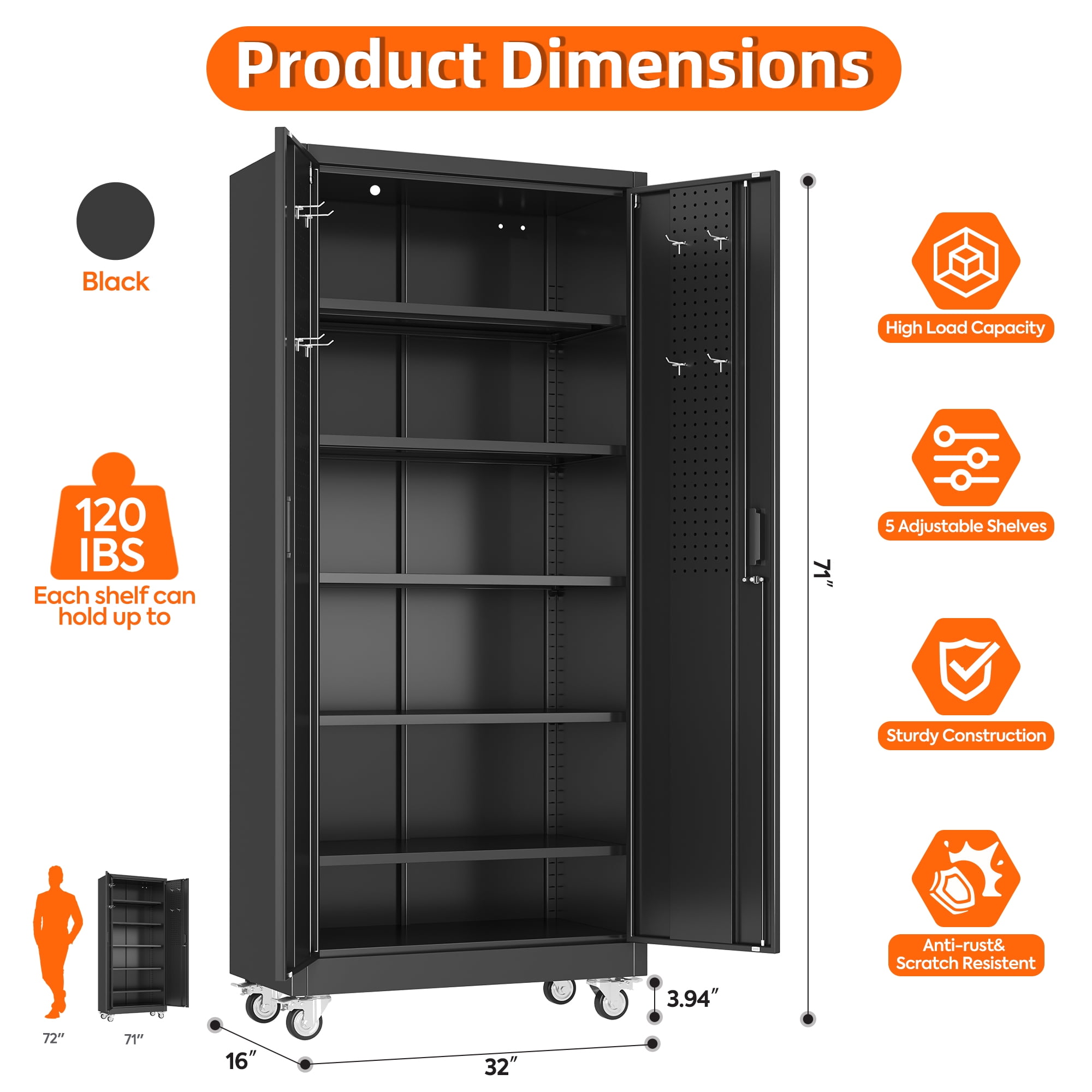 Supeer Metal Garage Storage Cabinet with 5 Shelves, 71" H Top Workbench Mobile Tool Chests Garage Cabinets with Pegboards,Tool Cabinets for Home,Office,Shop，Assembly Required, Black