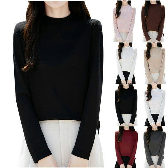 ATOYSOY Women's Casual Blouse Fleece Loose Basic Tops Knitted Sweaters Long Sleeve Shirts Winter Crew Neck Sweatshirts Workout Solid Color Pullover Spring Black L