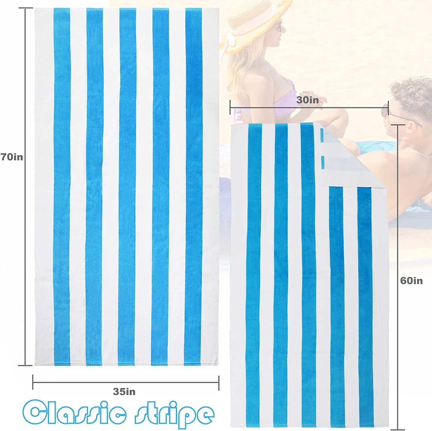 Exclusivo Mezcla 2-Pack Cotton Large Cabana Stripe Beach Towels, Super Absorbent Soft Plush Pool Towel, Bath Towel (Blue, 30"x60")