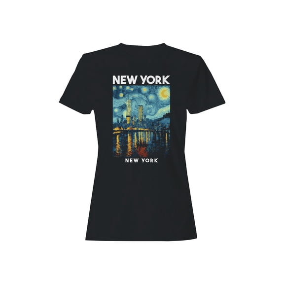 Starry Night NYC Skyline Graphic Women's Black T-Shirt
