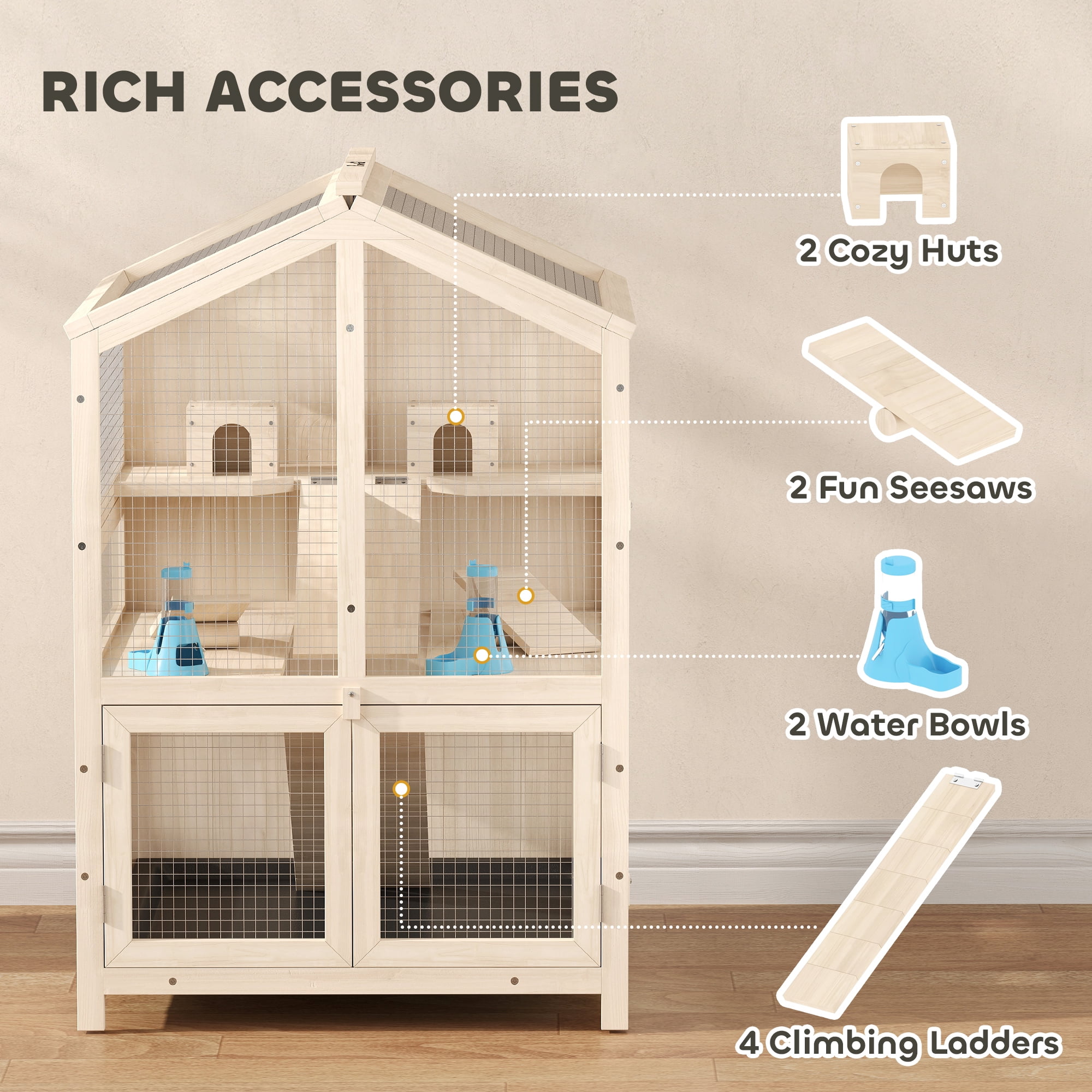 PawHut Wooden Hamster Cage, Large 3 Tier Hamster Cage with Pull-Out Tray, Hut, Seesaws, Ramps, 26.8" L x 24.2" W x 35.4" H