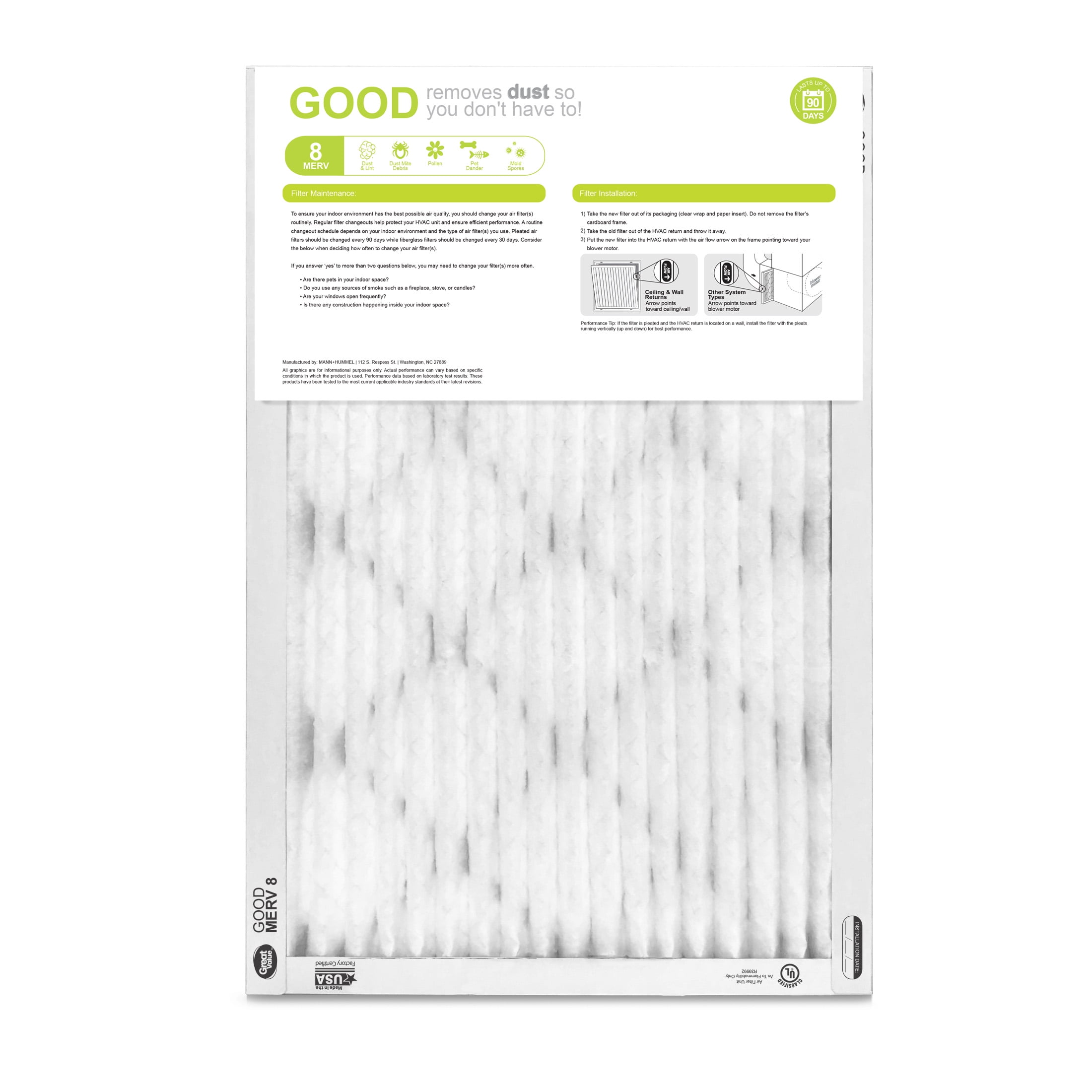 Great Value, 20x30x1, MERV 8 GOOD HVAC Air and Furnace Filter, Captures Dust, 4 Filters