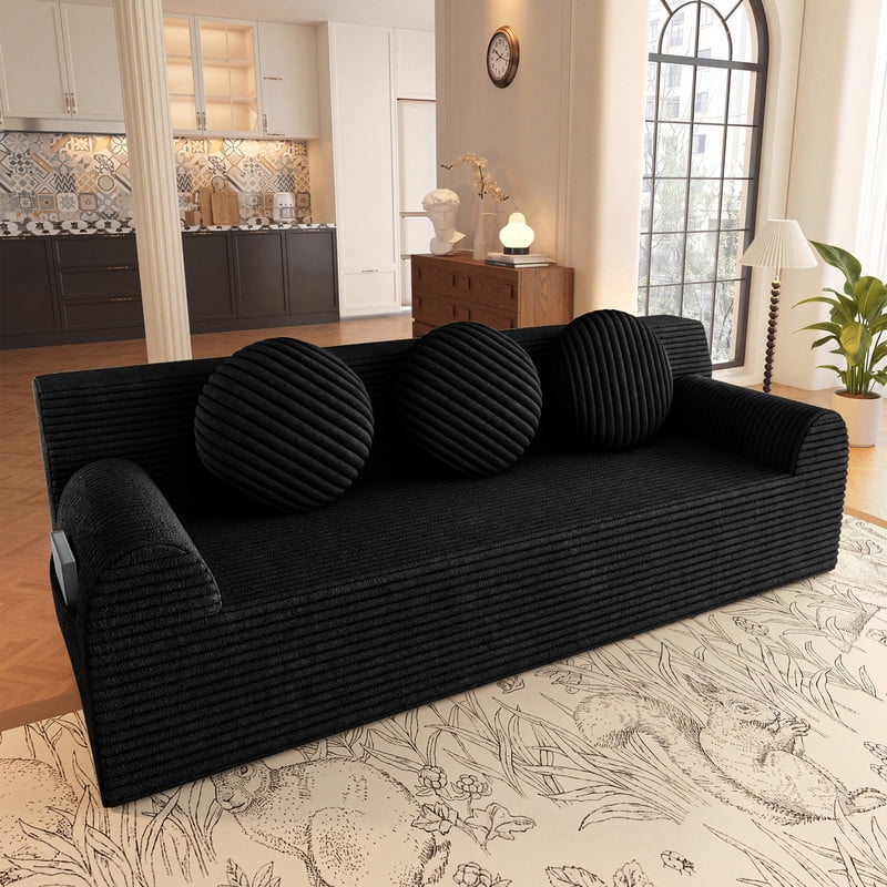 PORKISS 71 Inch Black Corduroy Couch, Boneless Cloud Couch, No Assembly Floor Sofa with 3 Round Pillows, Comfy 3 Seater Sofa Couch for Living Room, Apartment, Bedroom, Small Space