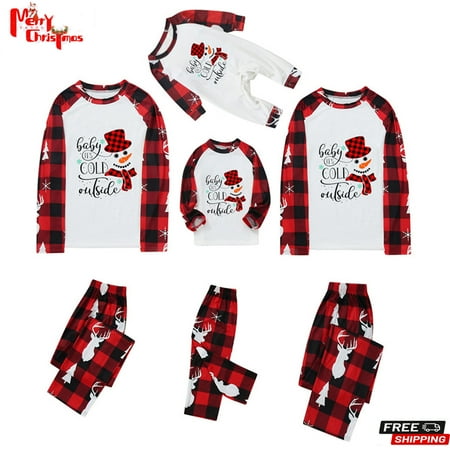 

ESASSALY Christmas Pajamas for Family Cute Christmas Snowman Tops and Plaid Trousers Home Clothes Set