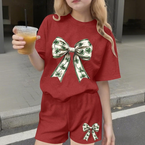 Conjuntos de blusas y camisas de cuello redondo y manga corta para niños Conjunto de dos piezas de blusas de cuello redondo y manga corta con estampado del Día de San Patricio para niños Niños poliést