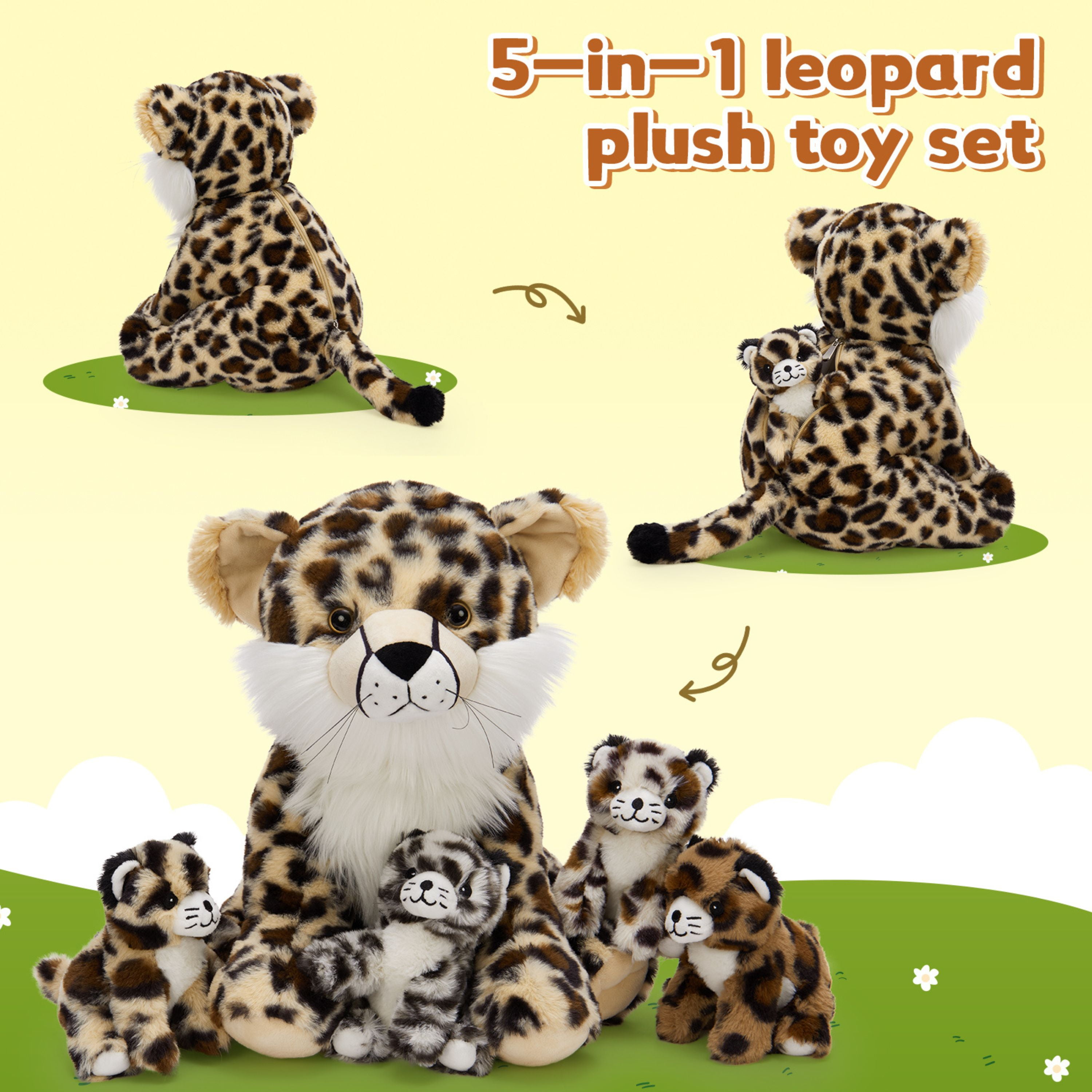 Muiteiur 5Pcs Cheetah Stuffed Animal 14.2'' Giant Cheetah Plush Toy With 4 Babies Inside