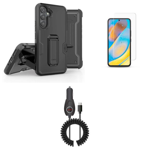 Accessories for Samsung Galaxy A54 5G - Belt Holster Kickstand Rugged Case (Black), Screen Protectors, 15W Fast Charging Type-C (USB-C) Power Adapter Car Charger (5.7 Foot)