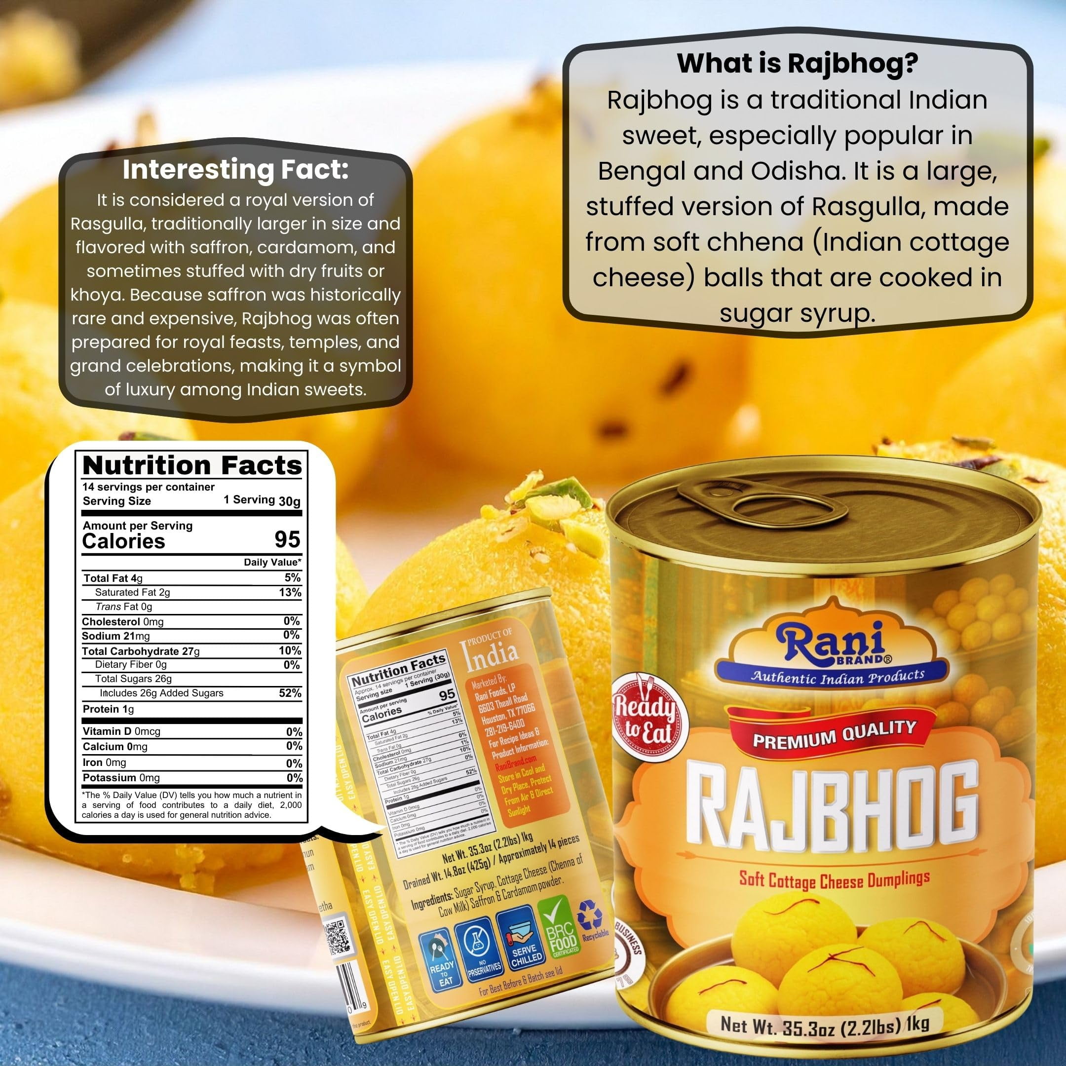 Rani Rajbhog (Soft Cottage Cheese Dumplings) 35.3oz (2.2lbs) 1kg, Pack of 2, Approximately 14 pieces, Easy Open Lid ~ Ready to eat | All Natural | Gluten Free | Non-GMO | Kosher | Indian Origin