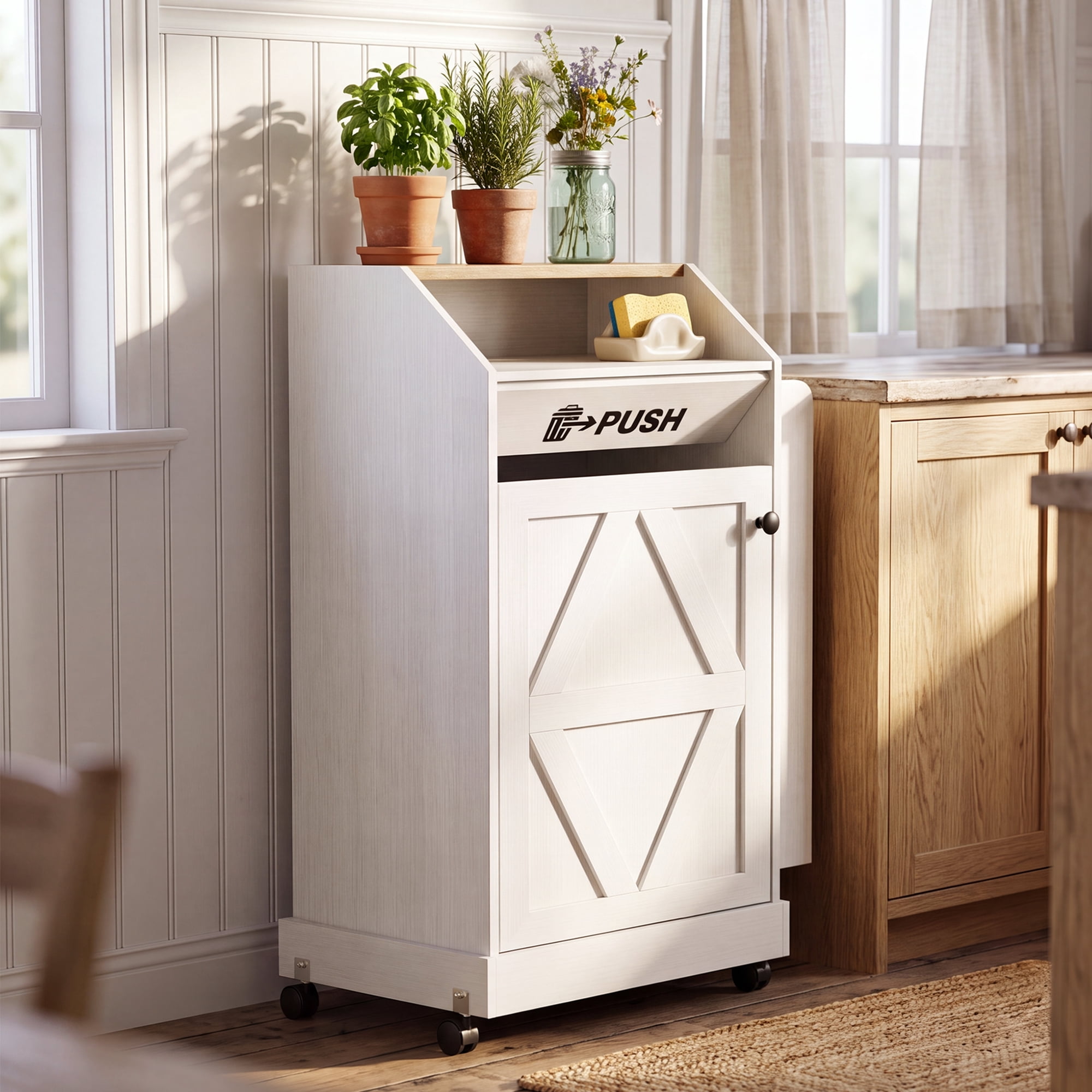 Lacoo 13 Gallon Trash Cabinet with Storage Shelves for Kitchen, Freestanding Garbage Can Cabinet with Lockable Rolling Casters, White