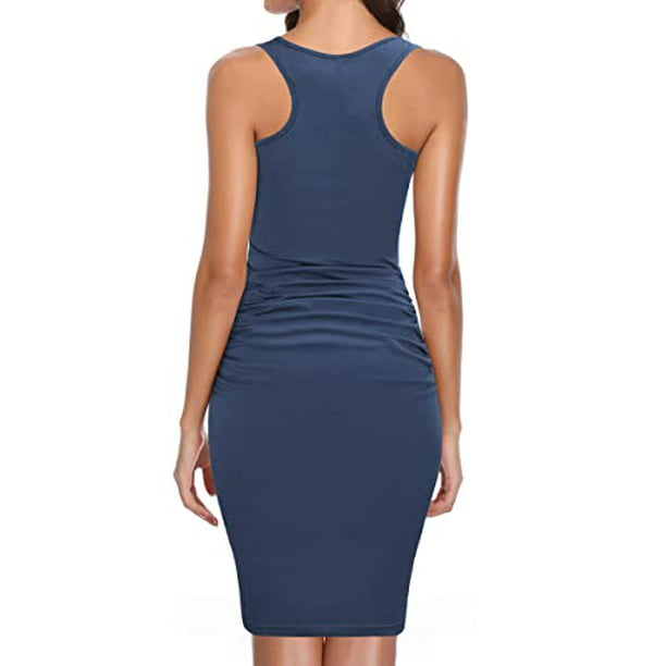 Missufe Women's Ruched Bodycon Sundress Midi Fitted Casual Dress (Navy  Blue, Large) - Walmart.com