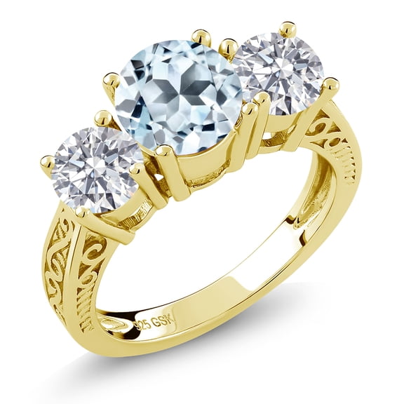 Gem Stone King 18K Yellow Gold Plated Silver Sky Blue Topaz and Lab Grown Diamond Engagement Ring for Women | 2.70 Cttw | Round 7MM | Gemstone November Birthstone | Size 6