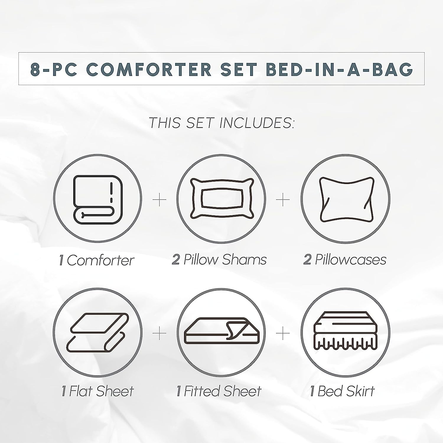 Mocassi Cozy & Soft 8-Piece Bedding Set - Includes Comforter, Smart Sheet Set, Bed Skirt, Matching Pillowcases and Shams, Bamboo Design, Full/Queen, White Comforter Set