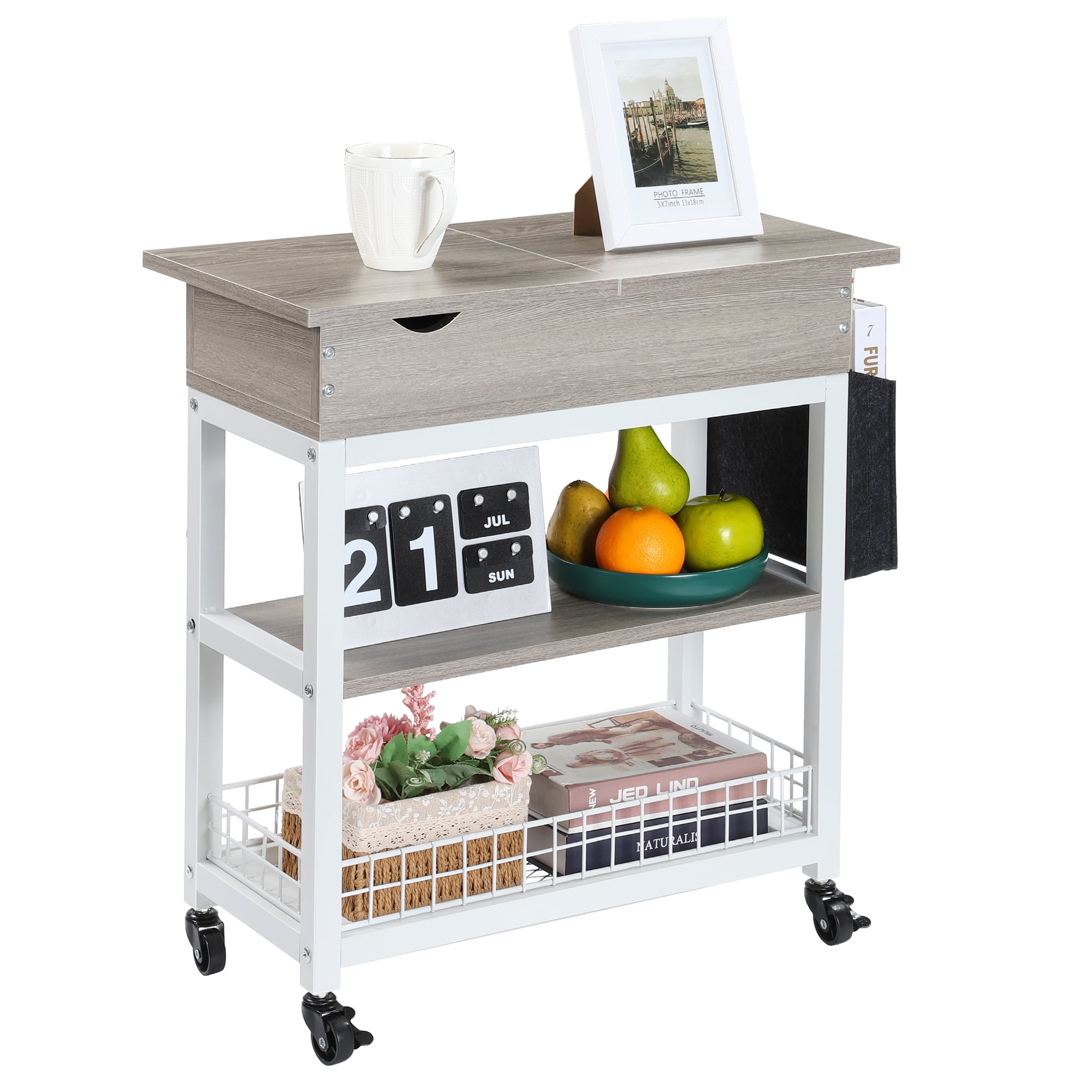 Side Table with Side Pocket Grid Basket, White