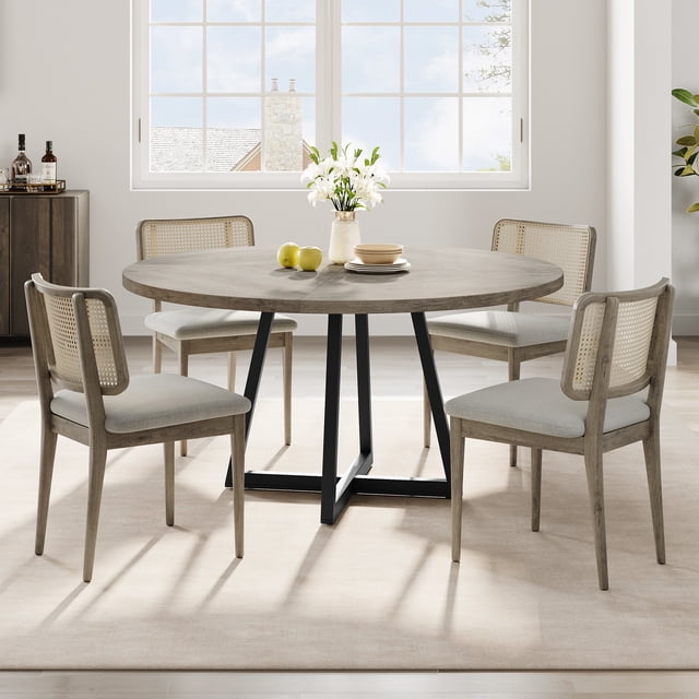 47" Round Farmhouse Dining Table for 4-6, Rustic Wooden Kitchen Table with 300 lb Capacity, Adjustable Anti-Slip Legs – Black Ash / Light Ivory / Gray / Retro Color
