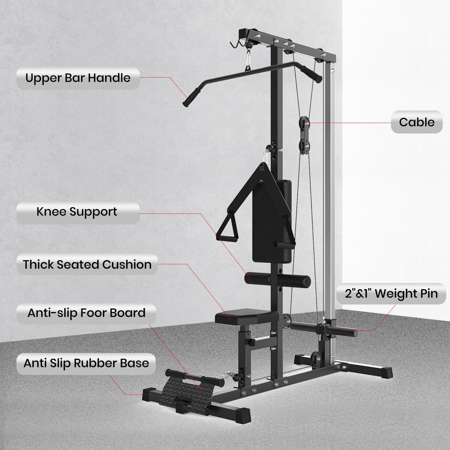 TROPOW LAT Pulldown Machine, LAT Cable Machine with High and Low Pulley Station, Row Cable Machine Home Gym with Leg Support, Tricep Workout Equipment,Black