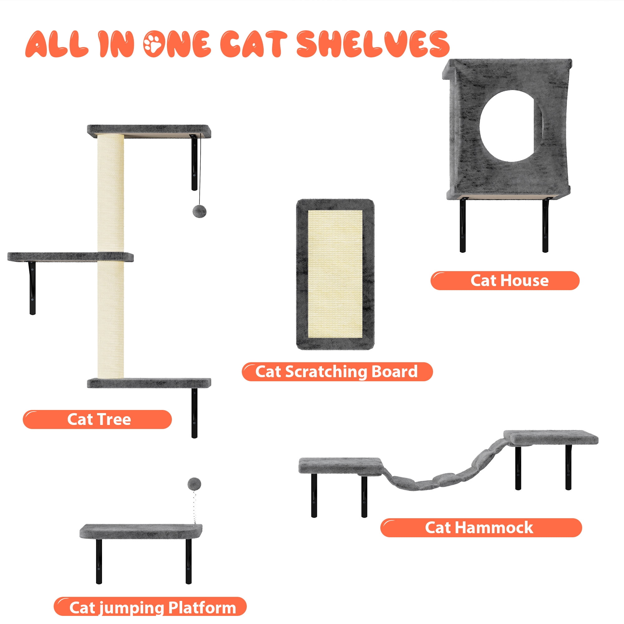 LHBcraft Cat Wall Shelves, 5Pc Wall-Mounted Cat Furniture, Cat Wall Shelves Cat Climber, Floating Cat Perch, Bridge, Cat Tree, Cat House, Modern Cat Furniture for Kitten, Grey