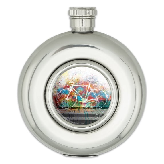 Colorful Rainbow Negative Space Bicycle Bike Wall Round Stainless Steel 5oz Hip Drink Flask