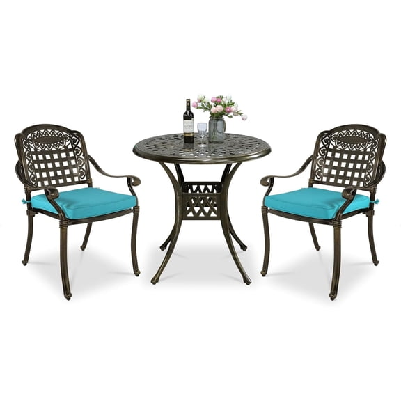VIVIJASON 3 pcs Cast Aluminum Outdoor Patio Bistro Set with Round Table, Antique Bronze/Ocean Blue