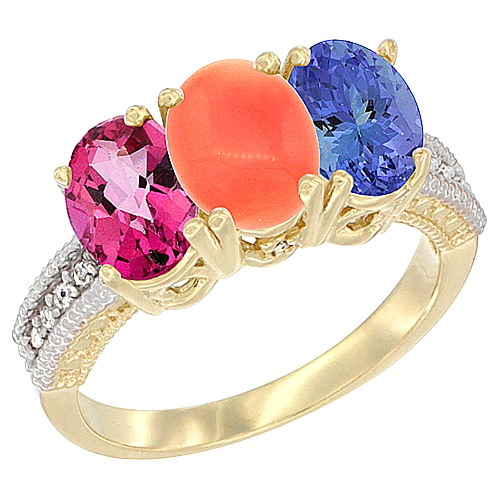 10K Yellow Gold Diamond Natural Pink Topaz, Coral & Tanzanite Ring 3-Stone 7x5 mm Oval, sizes 5 10 by WorldJewels