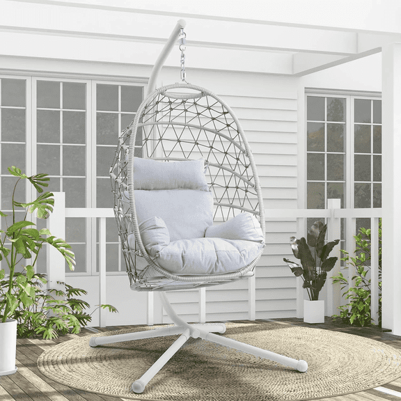 Heynemo Hanging Egg Chair with Stand, Outdoor Patio Wicker Hanging Egg Chair, Egg Swing Chair with Stand 350lbs Capacity for Garden, Balcony, Bedroom, Beige & Gray