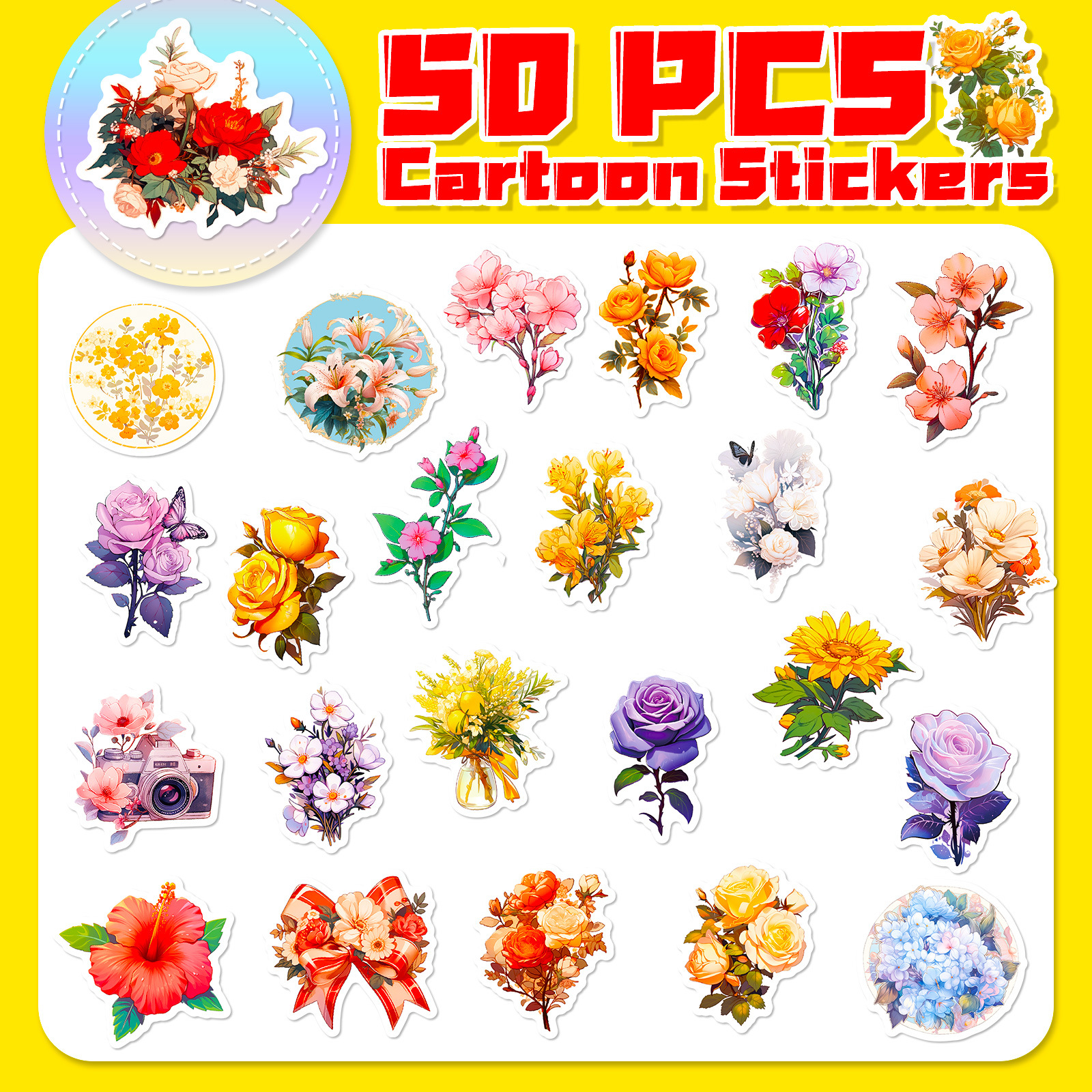 50-Pack Vintage Floral Stickers - Retro Flower Plant Doodles, Creative Journal Stickers for Scrapbook, DIY, and Decorating