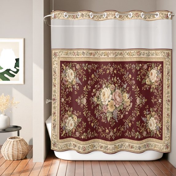 No Hook Shower Curtain, Boho Flowers Shower Curtains for Bathroom with See Through Top Window, Vintage Middle Century Floral Red Brown Waterproof & Washable Bath Curtain Standard 72"x72"