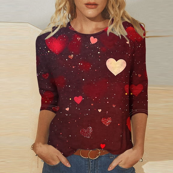 VKOYWKM Womens Heart Print Shirts Valentine's Day T-Shirts Cute Graphic Tees 3/4 Sleeve Casual Crew Neck Holiday Tops Classic Romantic Valentine Clothes