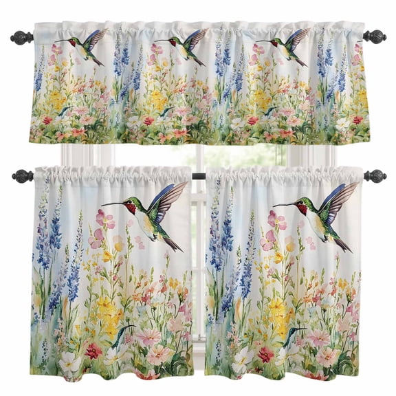 Floral Hummingbird Kitchen Curtains Sets for Windows 36 Inch Length, Spring Watercolor Flowers Rod Pocket Window Treatments Tier Curtains and Valances Set for Bedroom/Bathroom