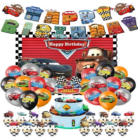 Children's Birthday Party Decorations Set - Cars Cartoon Theme Party Supplies (Includes Banner, Balloons, Cake Toppers, Backdrop)
