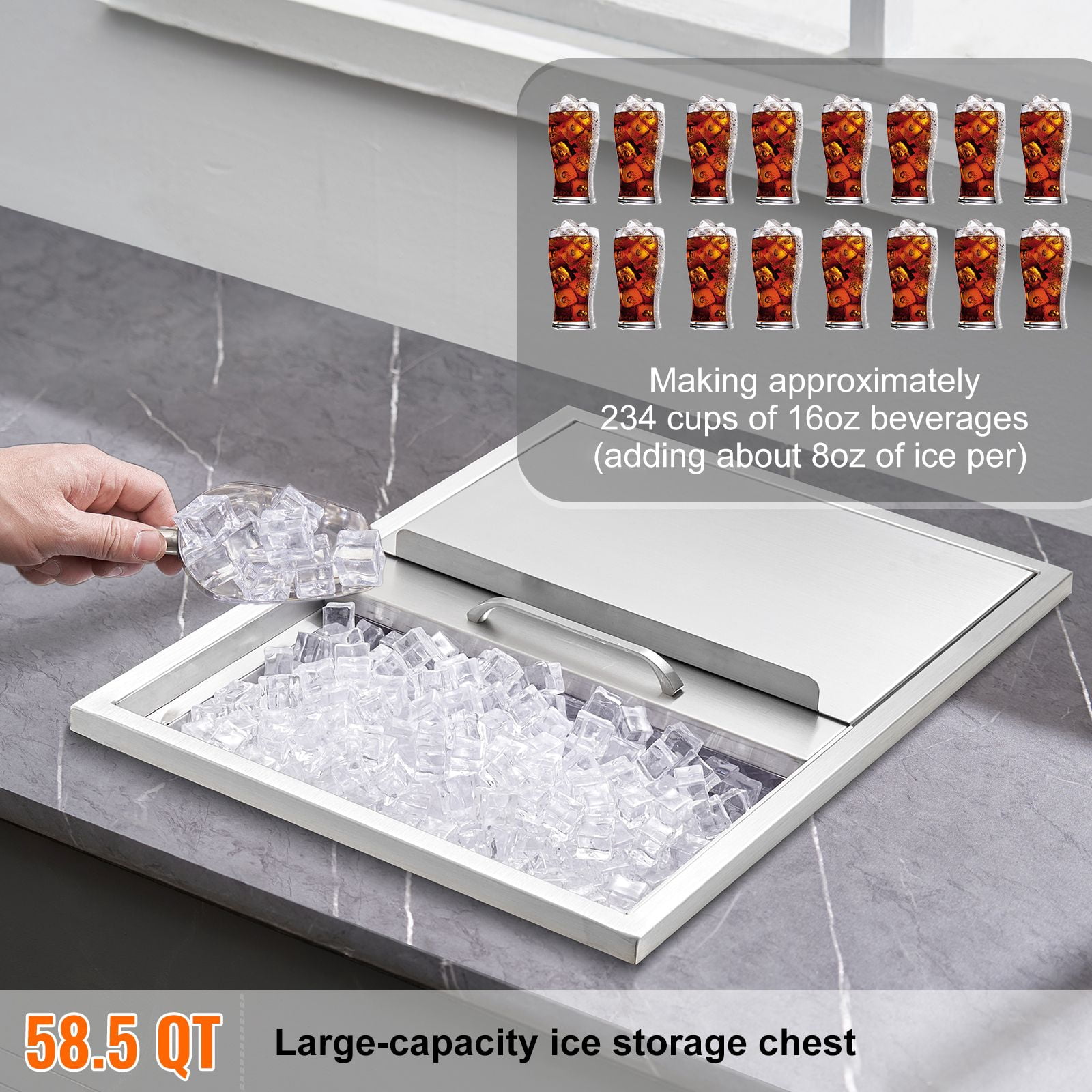 40.9 QT Stainless Steel Ice Cooler with Sliding Cover, Heavy-Duty Ice Chest for Outdoor Kitchen, Bar, Camping – Drain Plug Included