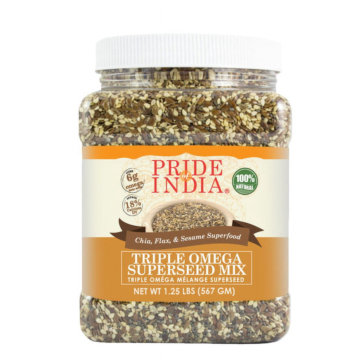 Pride of India Triple Omega Super Seed Mix, Chia, Flax and Sesame Seed Blend, 1.25 lbs (Pack of 6)