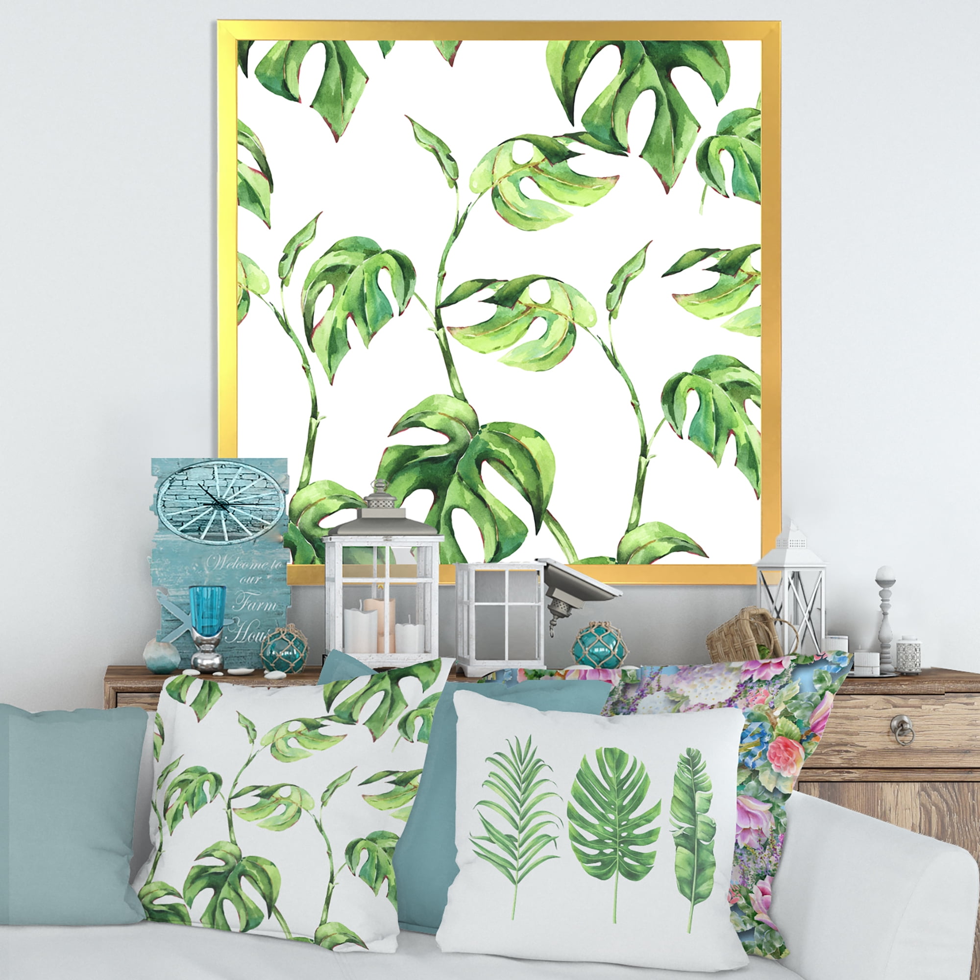 Designart 'Ancient Floral Tropical Leaves II' Tropical Framed Art Print