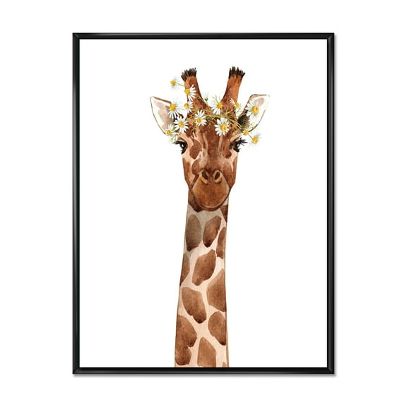Designart 'Portrait of A Giraffe With White Flowers' Farmhouse Framed Canvas Wall Art Print
