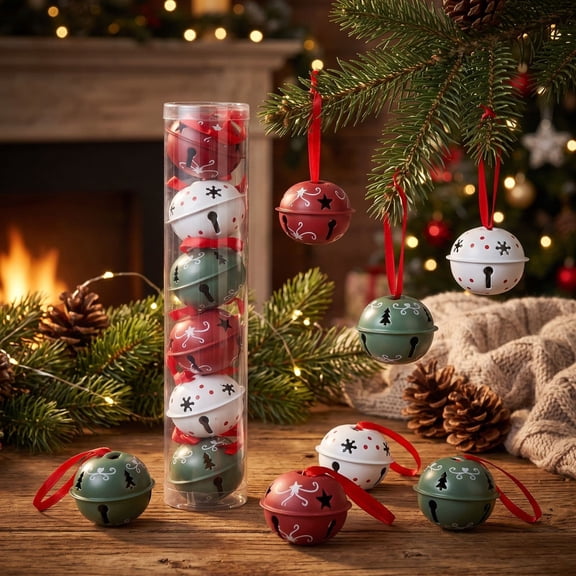 YuanGuangQ 6pc Christmas Jingle Bell Ornament Set, Mini Tree Hanging Decorations with Ribbon, Traditional Small Pendants for Xmas Tree Wreath Home Holiday Party Decor