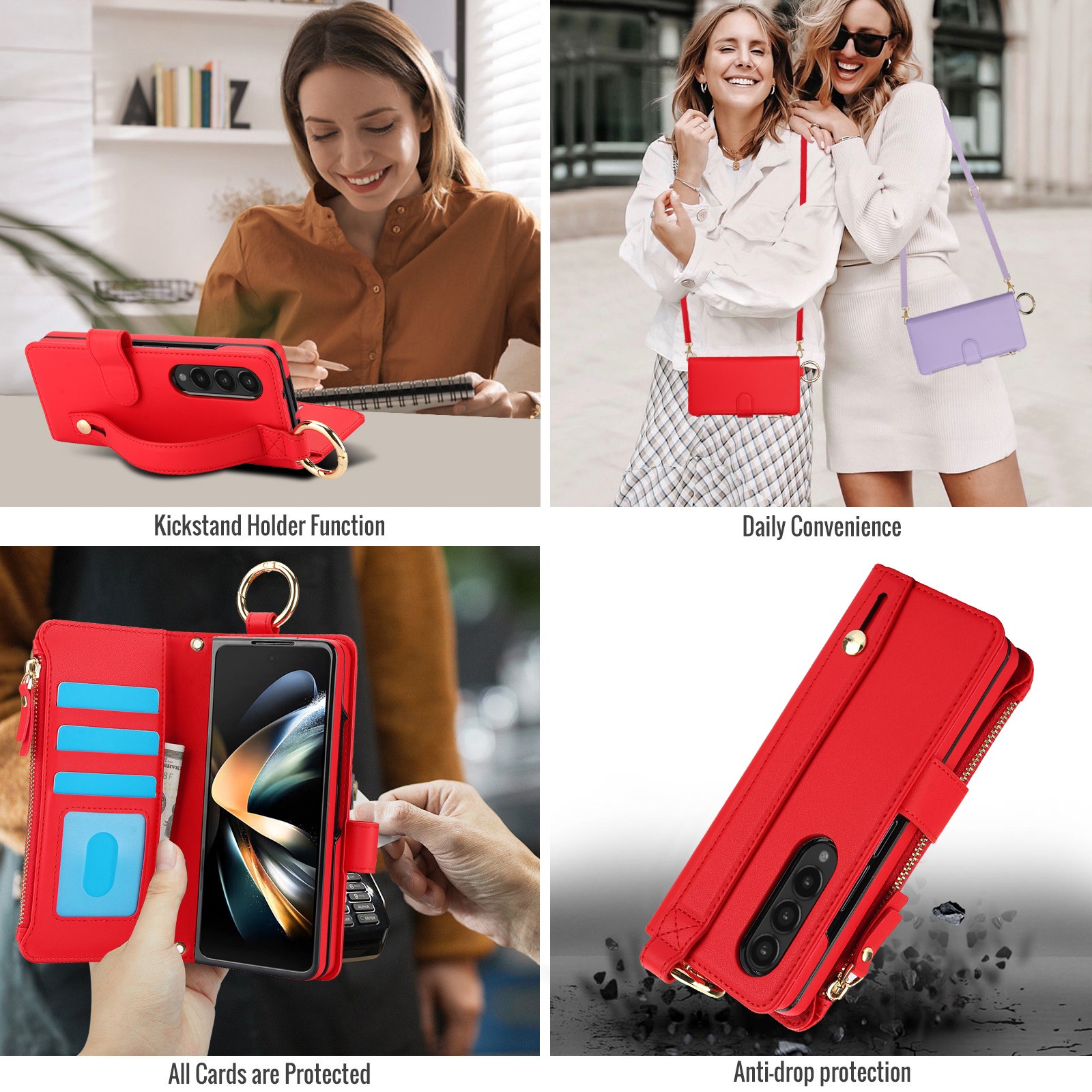 ELEHOLD For Samsung Galaxy Z Fold 4 Phone Case Leather Crossbody Zipper Card Wallet Flip Case Kickstand Cover, with Ring Holder,Full Body Protection-Red