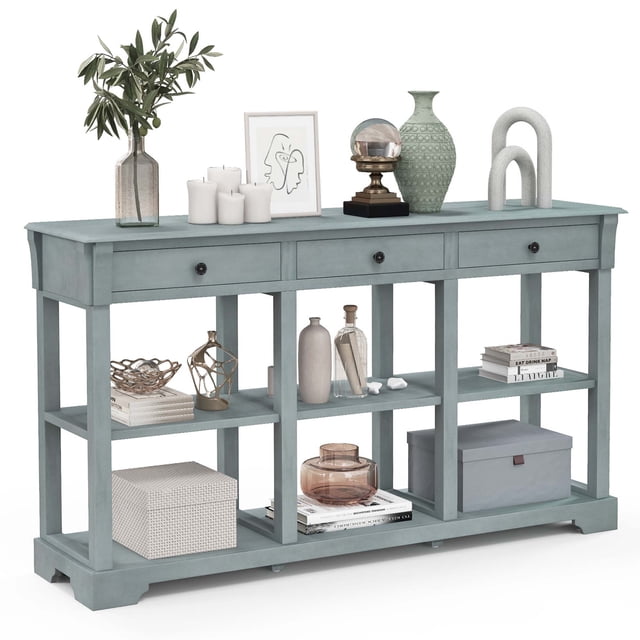 Costway Table de Canapé Longue 58 Pouces avec Rangement Console Rétro avec 3 Tiroirs et Étagères Ouvertes