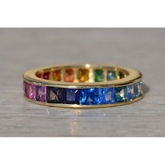 Gaspara 3MM Princess Multi Sapphire Eternity Rainbow Band Unisex Ring 14K Yellow Gold Plated