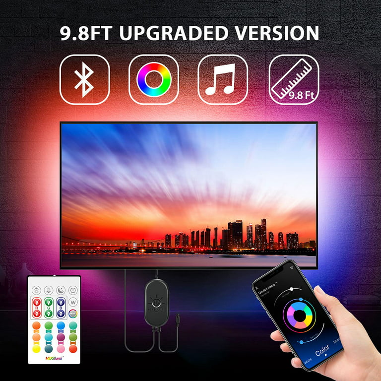 Nexillumi 9.8 Feet TV Backlights USB Light Strip Kit APP Control Sync to Music, Bias Lighting, 5050 RGB Waterproof IP65 USB LED Lights Compatible with Android iOS (for 44"-65" TV) -