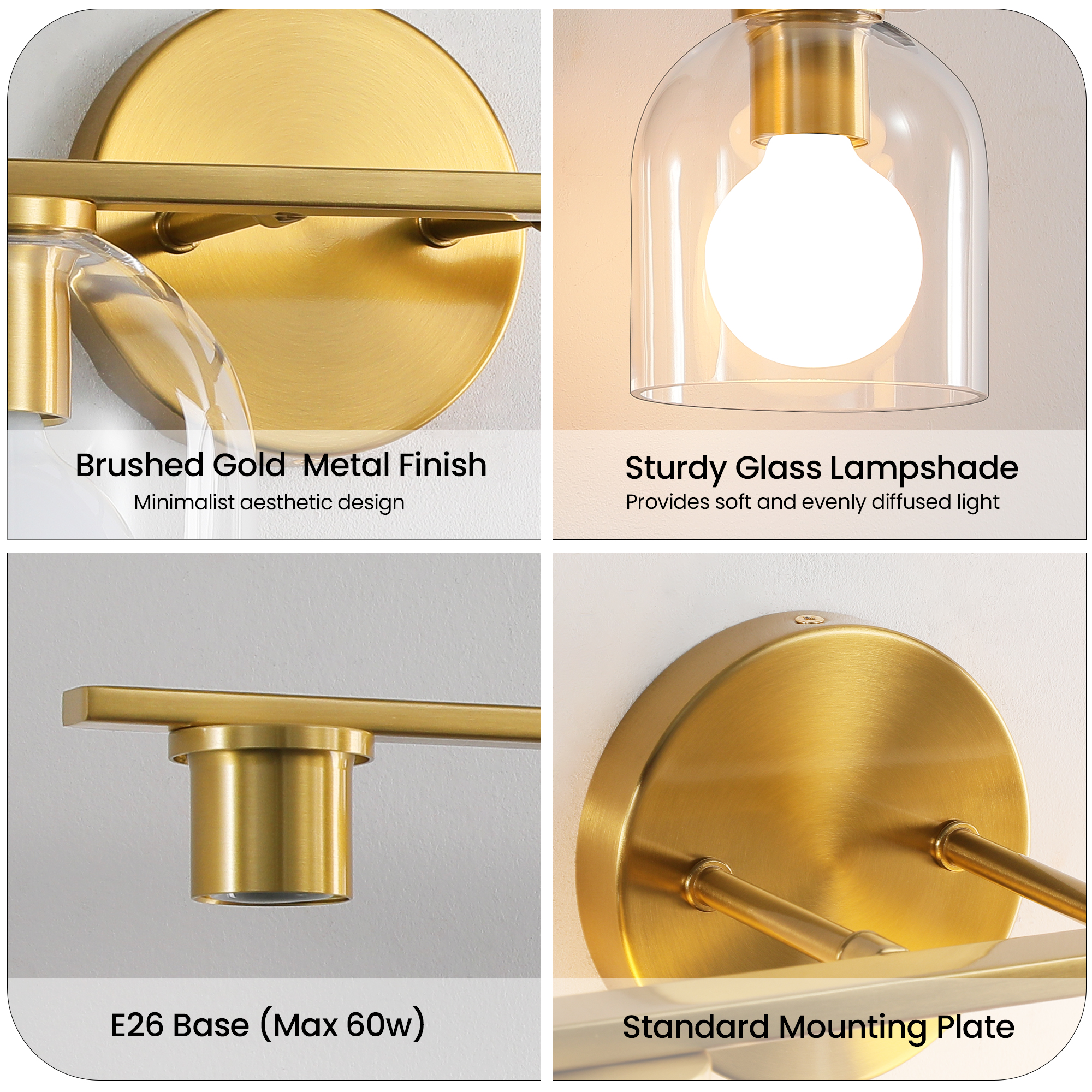Modern Bathroom Light Fixtures, 4 Light Vanity Lights Over Mirror, Gold Wall Lamp with Clear Glass Shade for Living Room Cabinet Bedroom Porch