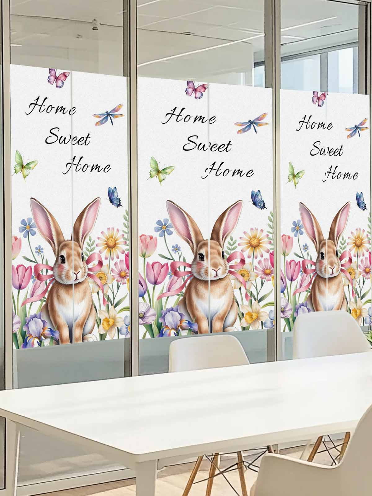 Sweet Home Window Privacy Film, Easter Bunny Spring Butterflies Flowers Country Leaf Frosted Glass Window Clings Static Cling UV Heat Blocking Reusable Door Sticker for Bathroom 23.6 x 59 Inch