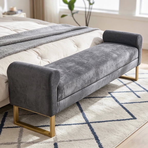 HIUU 65" King Size Dark Gray End of Bed Bench with Arms and Gold Legs,Chenille Upholstered End of Bed Bench,Modern Minimalist Ottoman for Living Room Window and Entryway