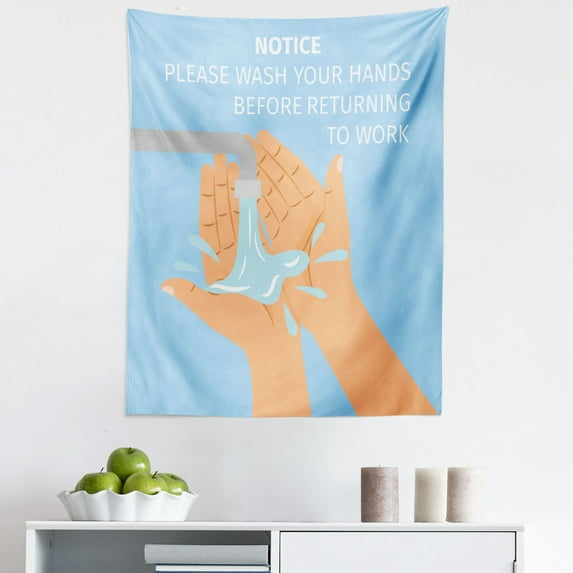 Bathroom Rules Tapestry, Please Wash Your Hands Wording Cartoon, Fabric Wall Hanging Decor for Bedroom Living Room Dorm, 5 Sizes, Sky Blue Dark Peach, by Ambesonne
