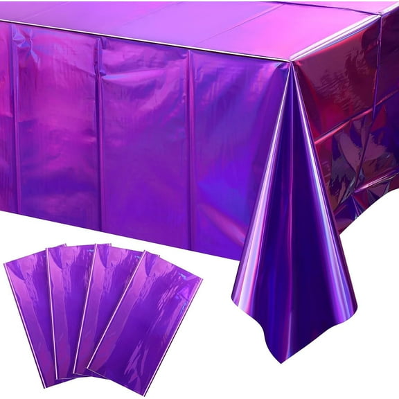 ERDOUY 4pcs Purple Plastic Tablecloths Shiny Disposable Table Covers Holographic Foil Tablecloth Iridescent Party Decorations Birthday Bridal Wedding Christmas, 53.93 x 107.87 Inch