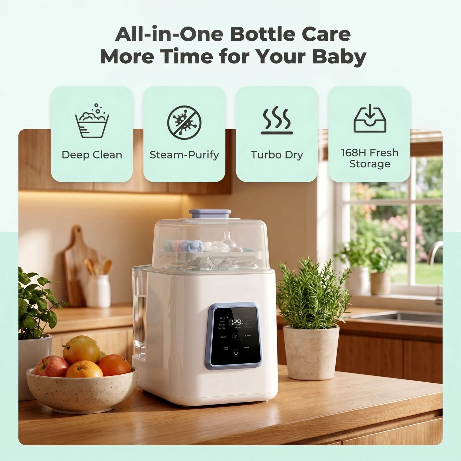 FOHERE Baby Bottle Washer and Sterilizer and Dryer, All-in-One 4-in-1 Machine with Dual Spray Arms, 28000Pa High-Pressure Wash, 210°F Steam, for New Parents, Newborn gifts