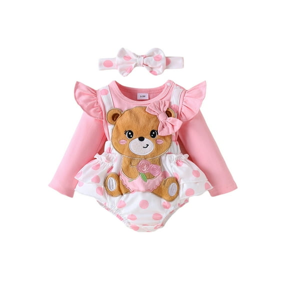 Newborn Baby Girl Clothes Valentine's Day Romper Outfits Infant Cute Cartoon Long Sleeve Bodysuit Dress Headband