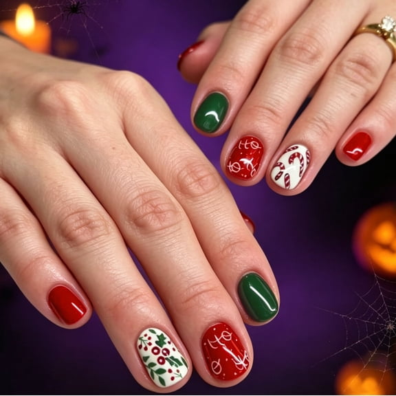 Short Christmas Press on Nails 24Pcs, Candy Cane Holly Spooky Fake Nails Set, Reusable False Nails for Holiday Party Daily Wear Women Girls, Christmas Nail Art