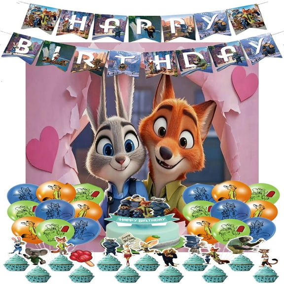 Zootopia Party Supplies Pack Includes， Banner， Backdrop, Cake Topper，Balloons for Judy Hopps party Decoration