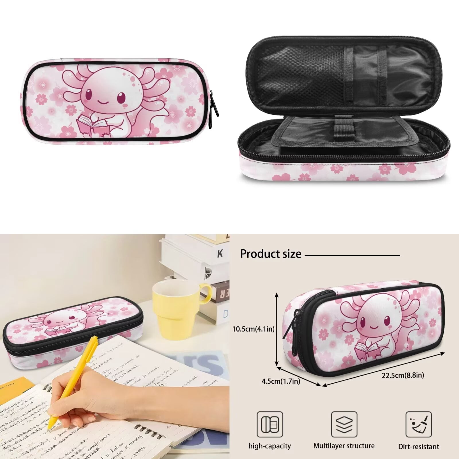 XYZCANDO Axolotl Kids Backpack Set for Girls 4Pcs with Lunch Bag Pencil Case Water Bottle Carrier Fashion Cherry Blossom Bookbag for Teens Girls Middle School