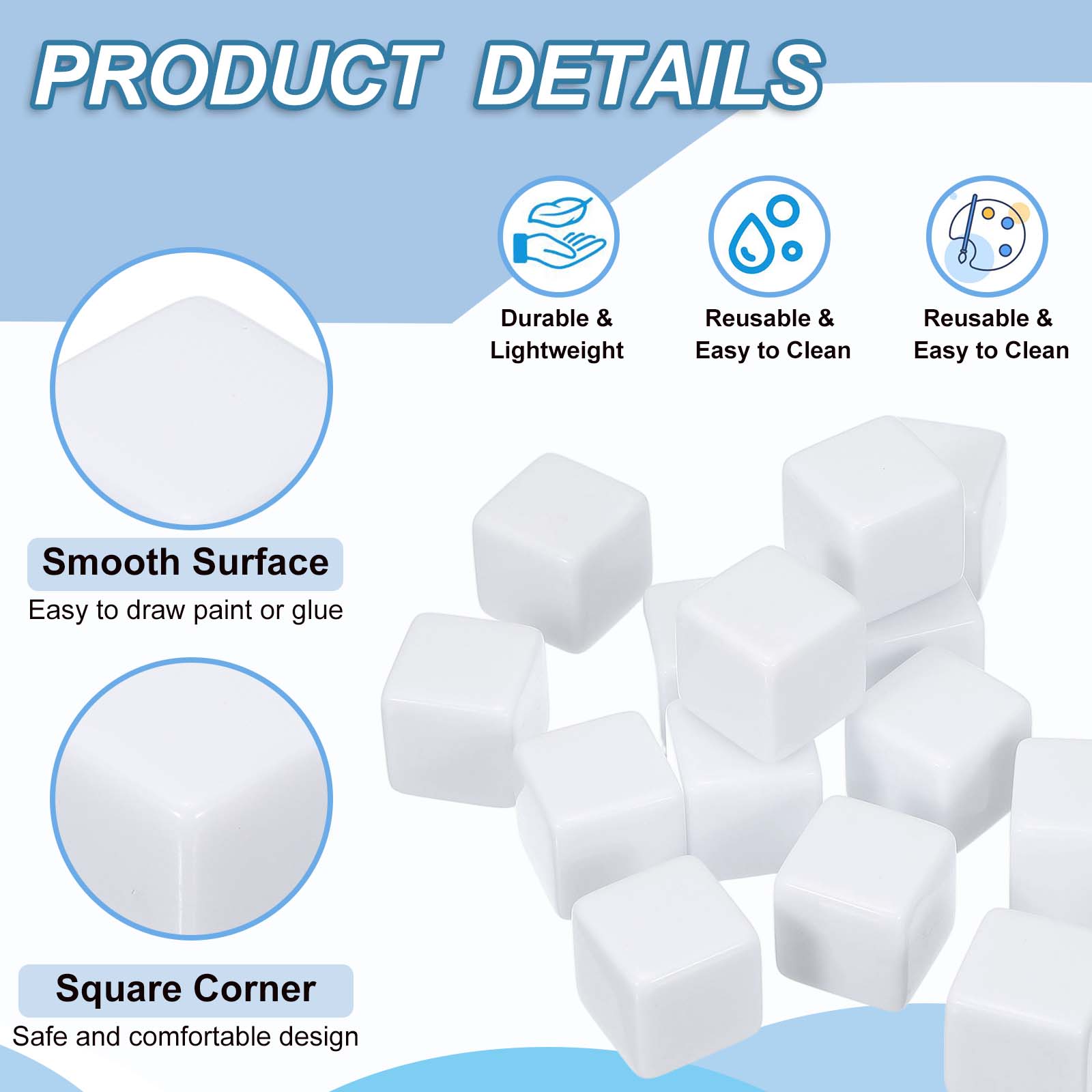 25 mm Acrylic Dice Blank, 100 Pcs Square Corner Blank Dice with Smoothed Surface Six Sided for Board, White