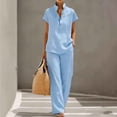 thumbnail image 2 of Guluxicc 2 Piece Women's Linen Outfit Sets Stand Collar Button Down Shirts Matching Wide Leg Pants Outfits for Business Summer Casual, 2 of 7